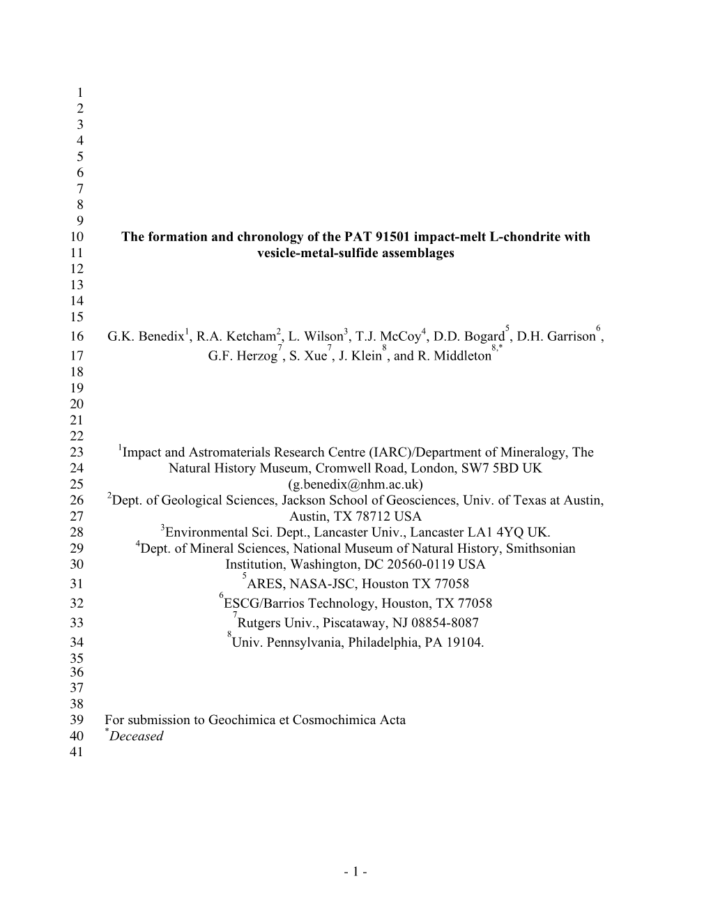 1 - 41 Abstract – the L Chondrite Patuxent Range (PAT) 91501 Is an 8.5-Kg Unshocked