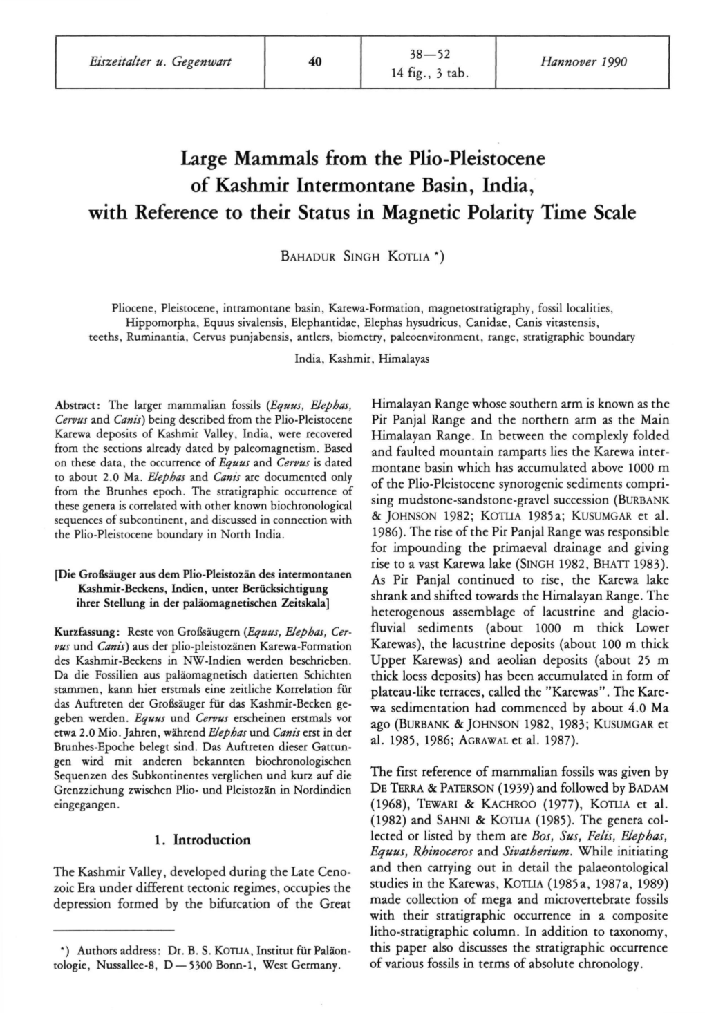 Large Mammals from the Plio-Pleistocene of Kashmir Intermontane Basin, India, with Reference to Their Status in Magnetic Polarity Time Scale