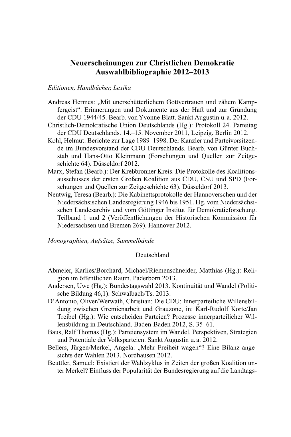 Neuerscheinungen Zur Christlichen Demokratie Auswahlbibliographie 2012–2013