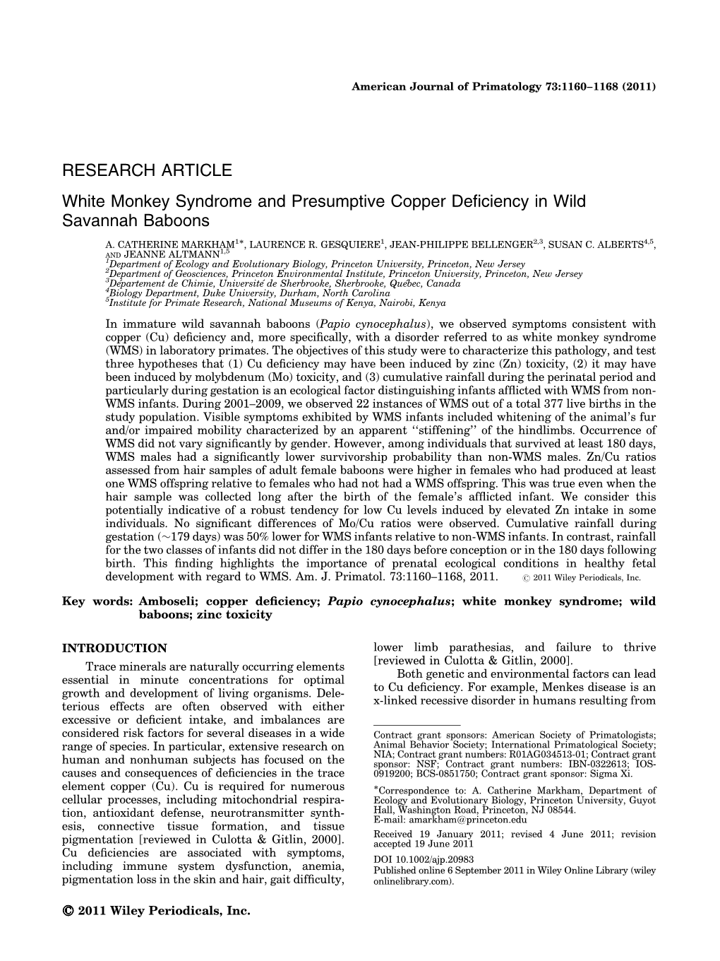 White Monkey Syndrome and Presumptive Copper Deficiency in Wild Savannah Baboons