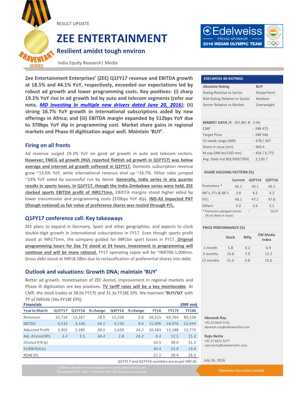 ZEE ENTERTAINMENT Resilient Amidst Tough Environ