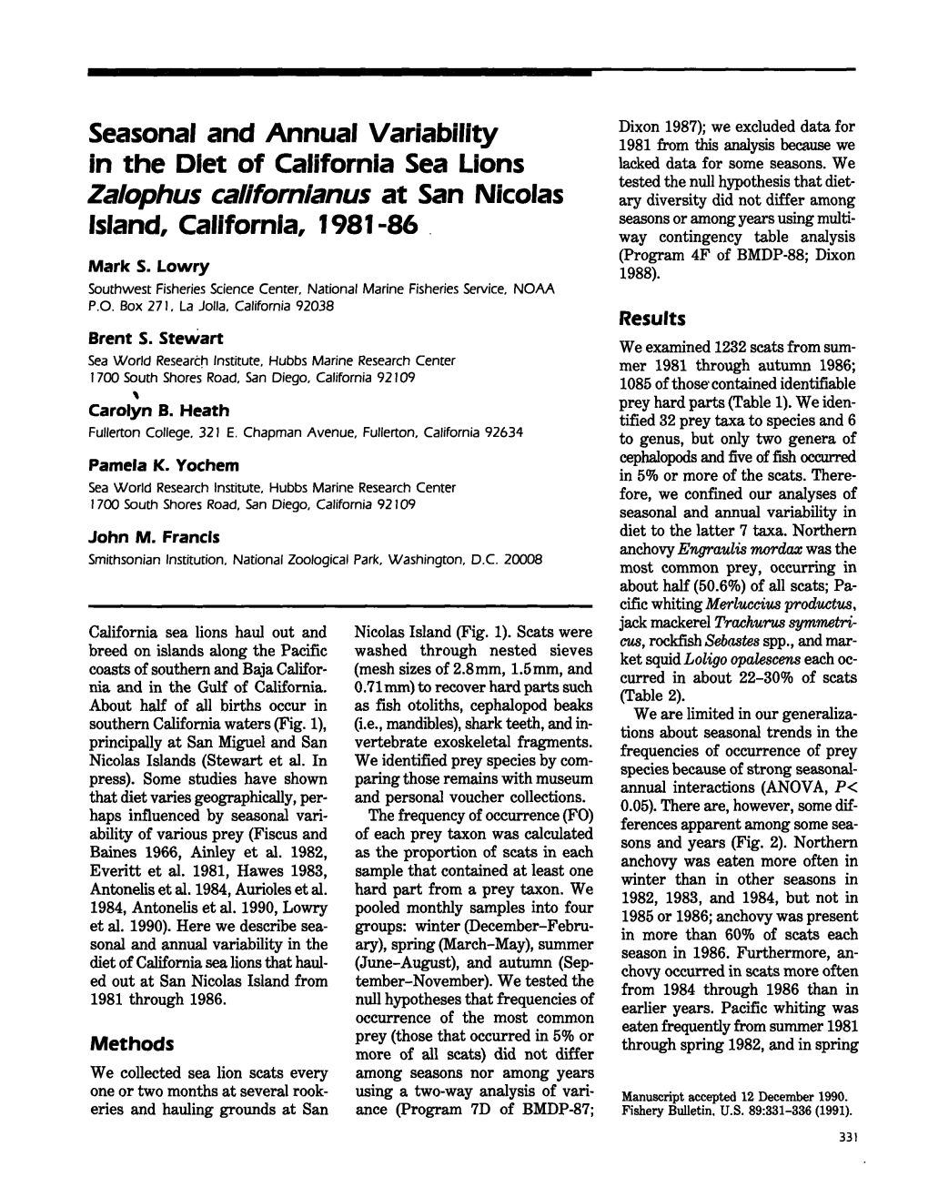 Seasonal and Annual Variability in the Diet of California Sea Lions
