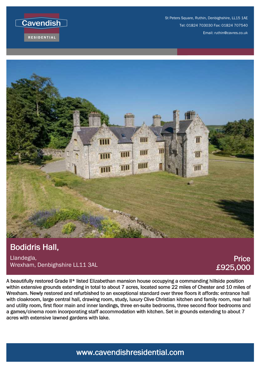 Bodidris Hall, Llandegla, Price Wrexham, Denbighshire LL11 3AL £925,000