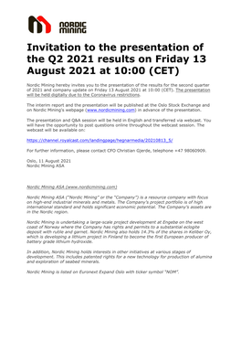 Invitation to the Presentation of the Q2 2021 Results on Friday 13 August 2021 at 10:00 (CET)