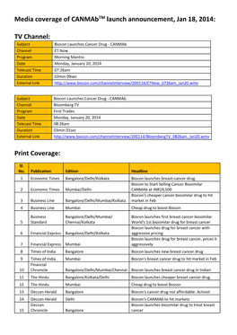 Media Coverage of Canmabtm Launch Announcement, Jan 18, 2014