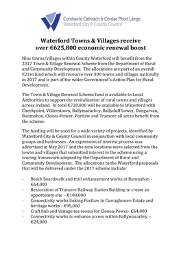 Waterford Towns & Villages Receive Over €625800 Economic Renewal