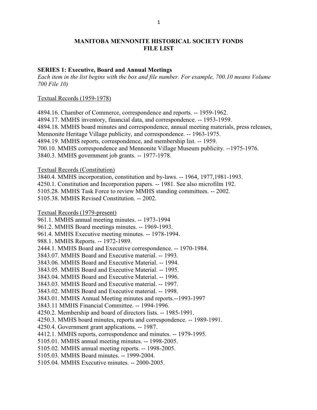 Manitoba Mennonite Historical Society Fonds File List