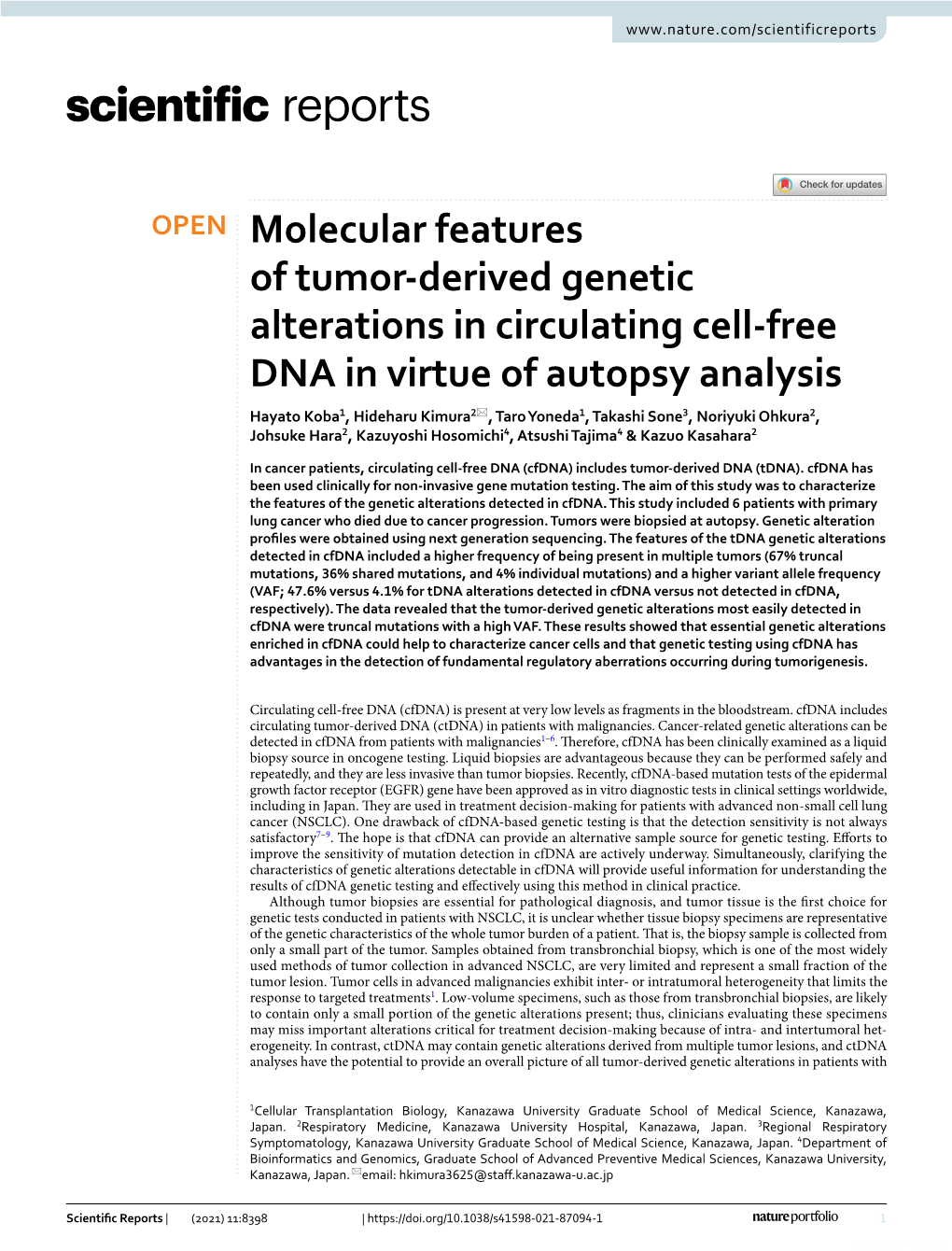 Molecular Features of Tumor-Derived Genetic Alterations in Circulating Cell
