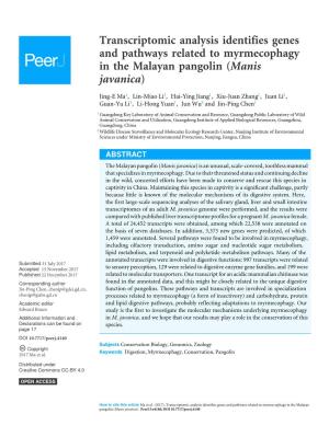 Transcriptomic Analysis Identifies Genes and Pathways Related to Myrmecophagy in the Malayan Pangolin (Manis Javanica)