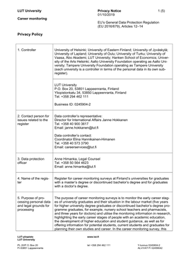 LUT University Privacy Notice 1 (5) 01/10/2019 Career Monitoring EU's