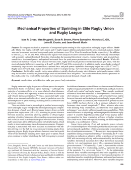 Mechanical Properties of Sprinting in Elite Rugby Union and Rugby League