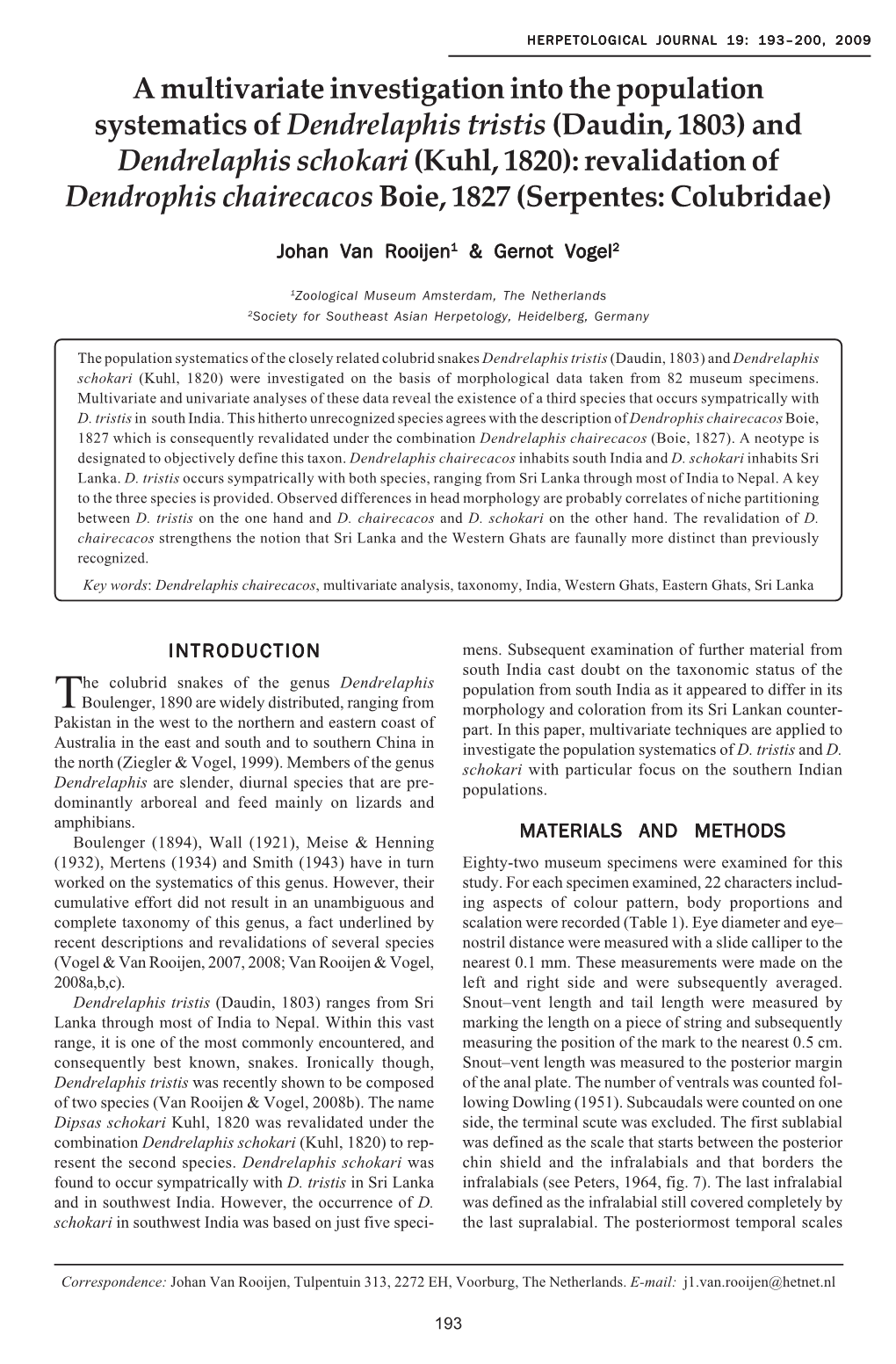 A Multivariate Investigation Into the Population Systematics of &lt;I&gt;Dendrelaphis Tristis&lt;/I&gt; (Daudin, 1803) and &lt;I