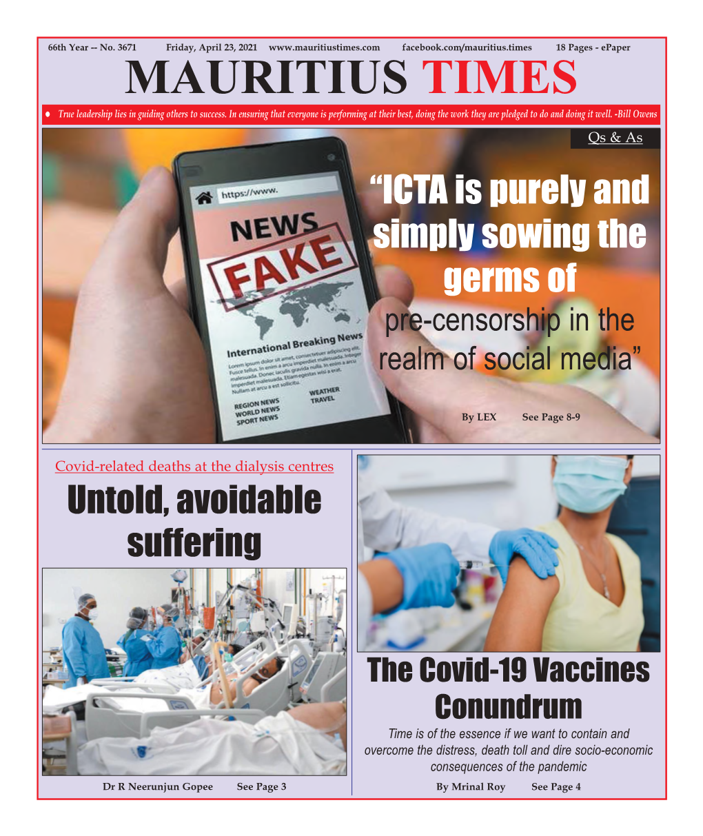 Mauritius Times Epaper Friday 23 April 2021