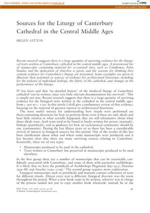 Sources for the Liturgy of Canterbury Cathedral in the Central Middle Ages