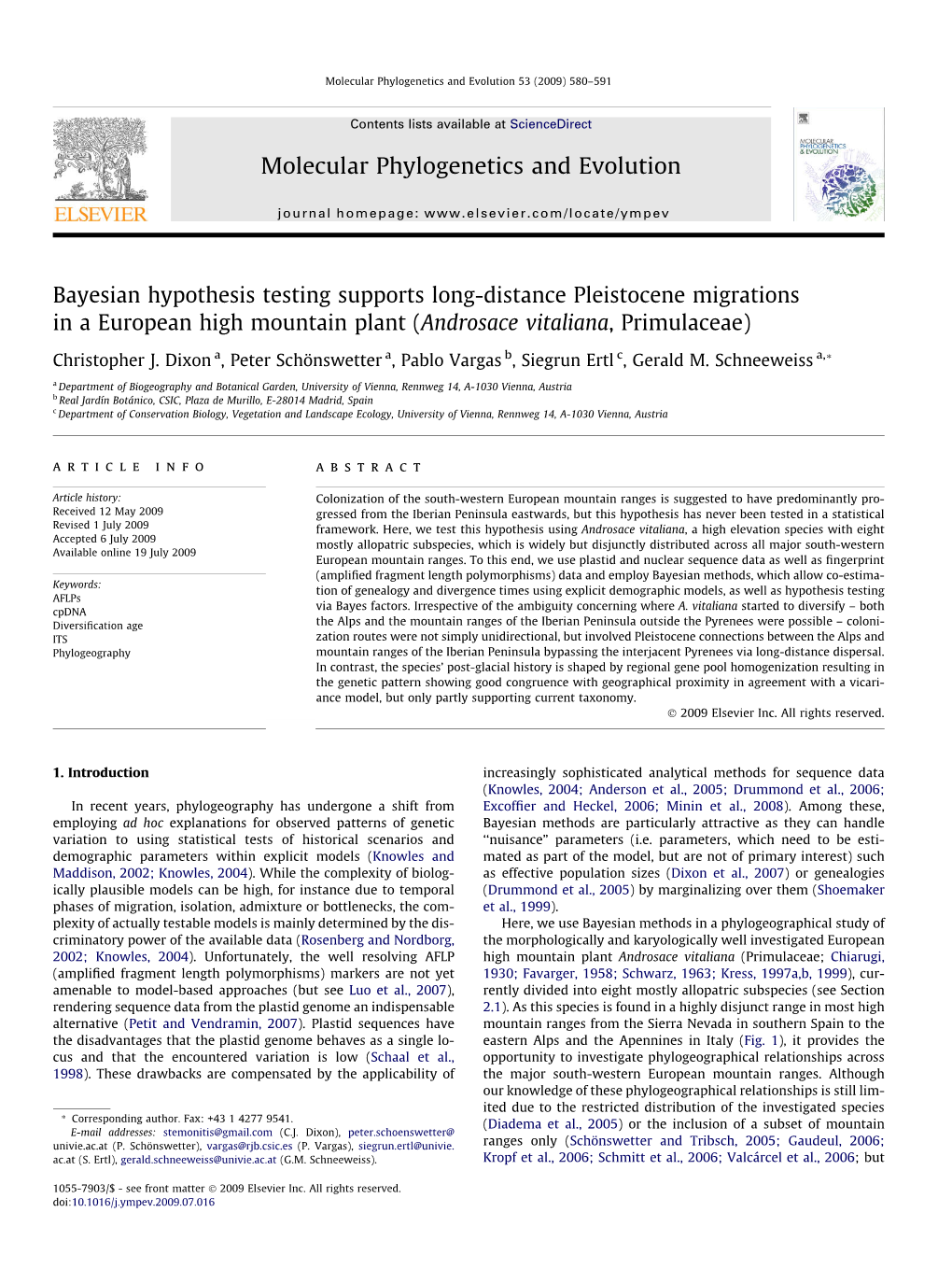 Bayesian Hypothesis Testing Supports Long-Distance Pleistocene Migrations in a European High Mountain Plant (Androsace Vitaliana, Primulaceae)