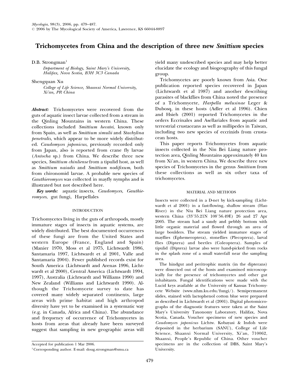 Trichomycetes from China and the Description of Three New Smittium Species