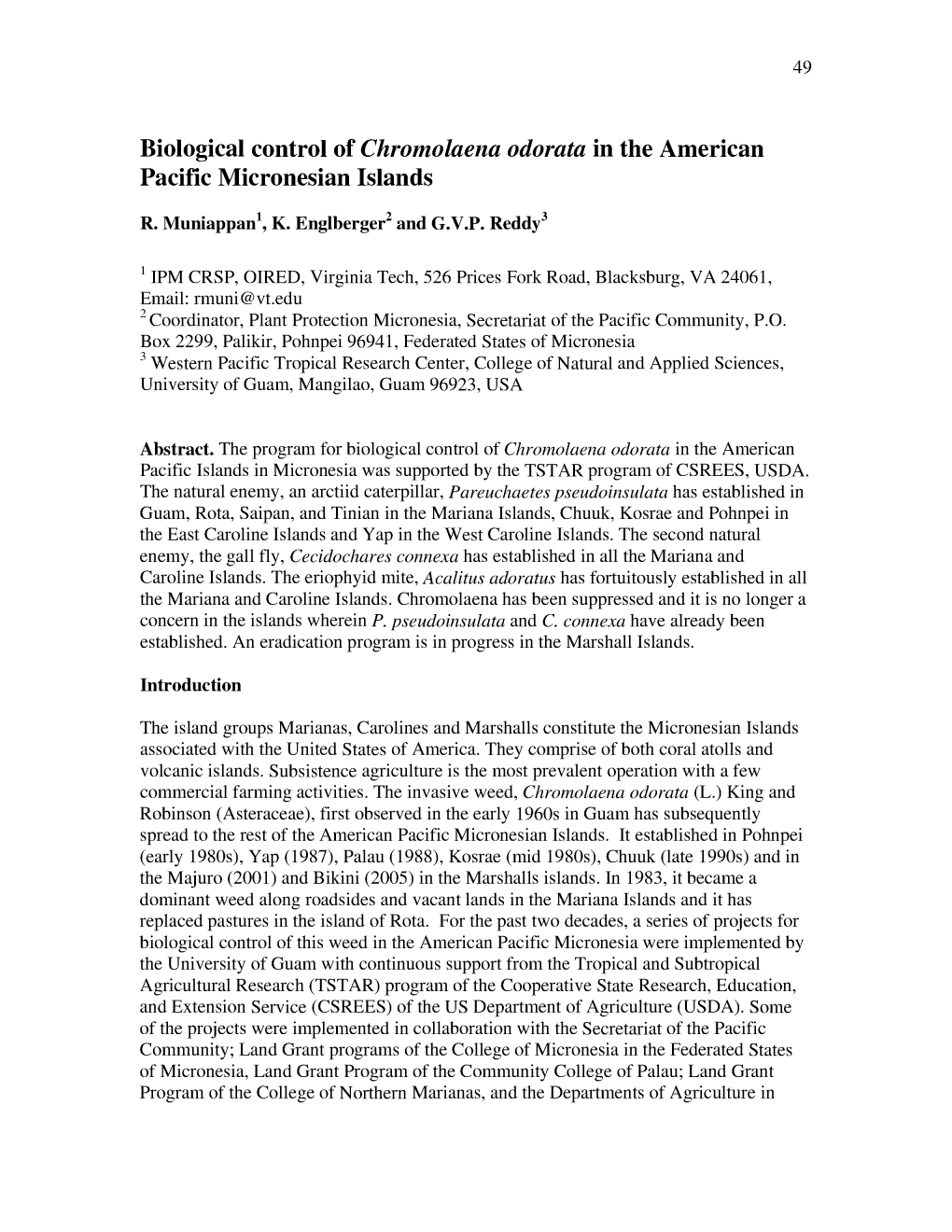 Biological Control of Chromolaena Odorata in the American Pacific Micronesian Islands