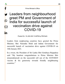 Leaders from Neighbourhood Greet PM and Government of India For