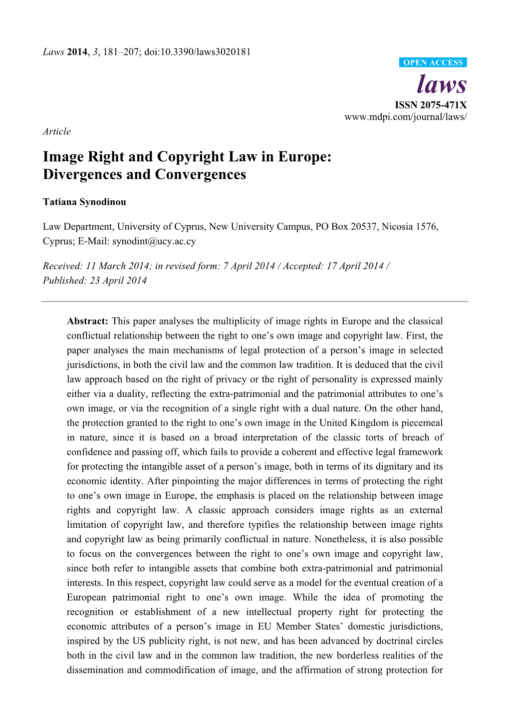 Image Right and Copyright Law in Europe: Divergences and Convergences