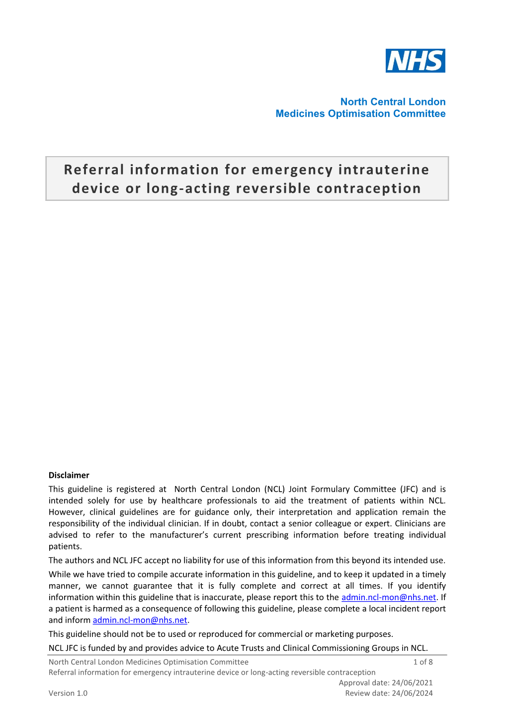 NCL Referral Information for IUD and LARC