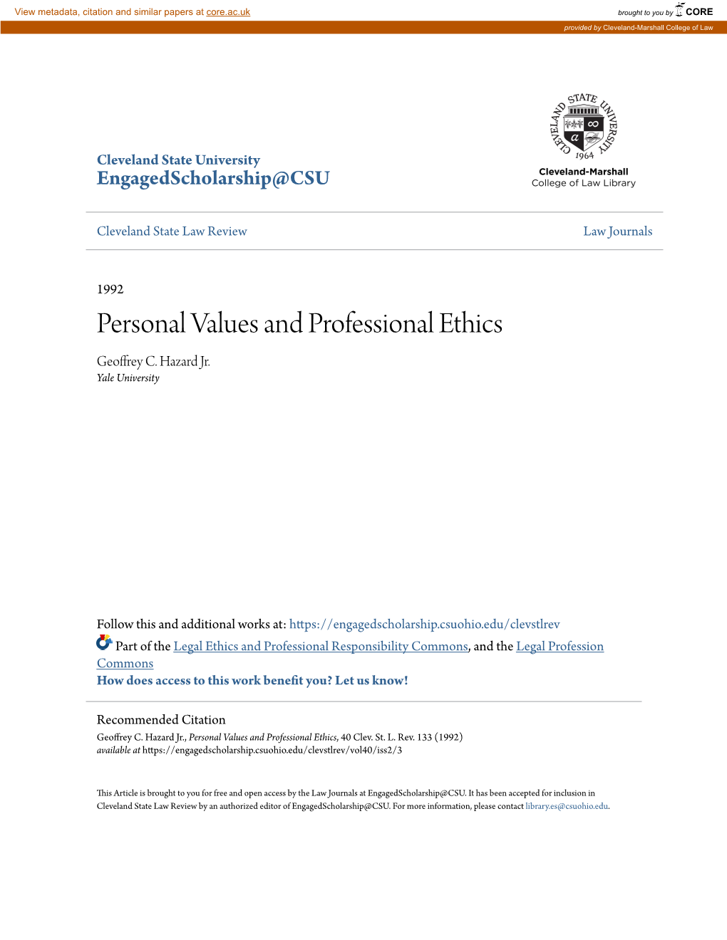 Personal Values and Professional Ethics Geoffrey C