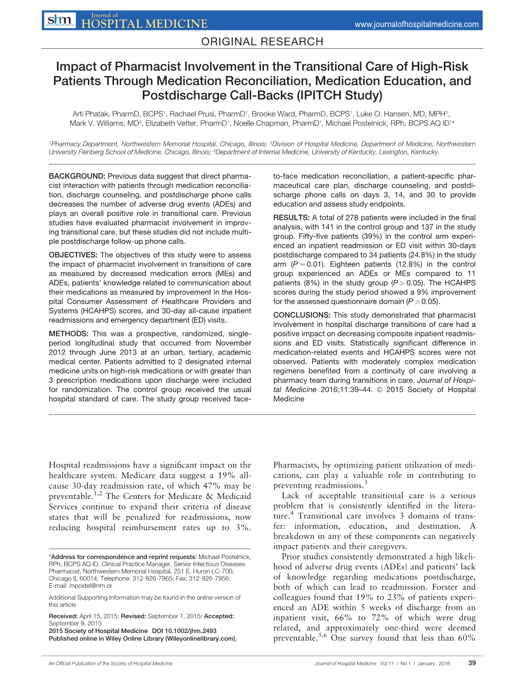 Impact of Pharmacist Involvement in the Transitional Care of High‐