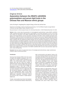Original Article Association Between the MGAT1 Rs634501 Polymorphism and Serum Lipid Traits in the Chinese Han and Maonan Ethnic Groups