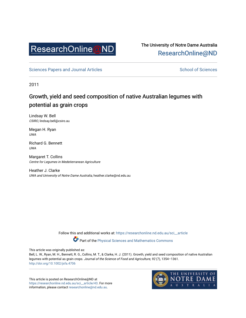 Growth, Yield and Seed Composition of Native Australian Legumes with Potential As Grain Crops