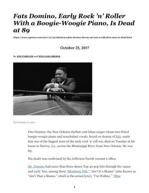 Fats Domino, Early Rock 'N' Roller with a Boogie-Woogie Piano, Is Dead at 89