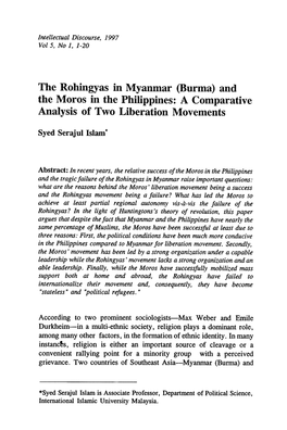 The Rohingyas in Myanmar (Burma) and the Moros in the Philippines: a Comparative Analysis of Two Liberation Movements