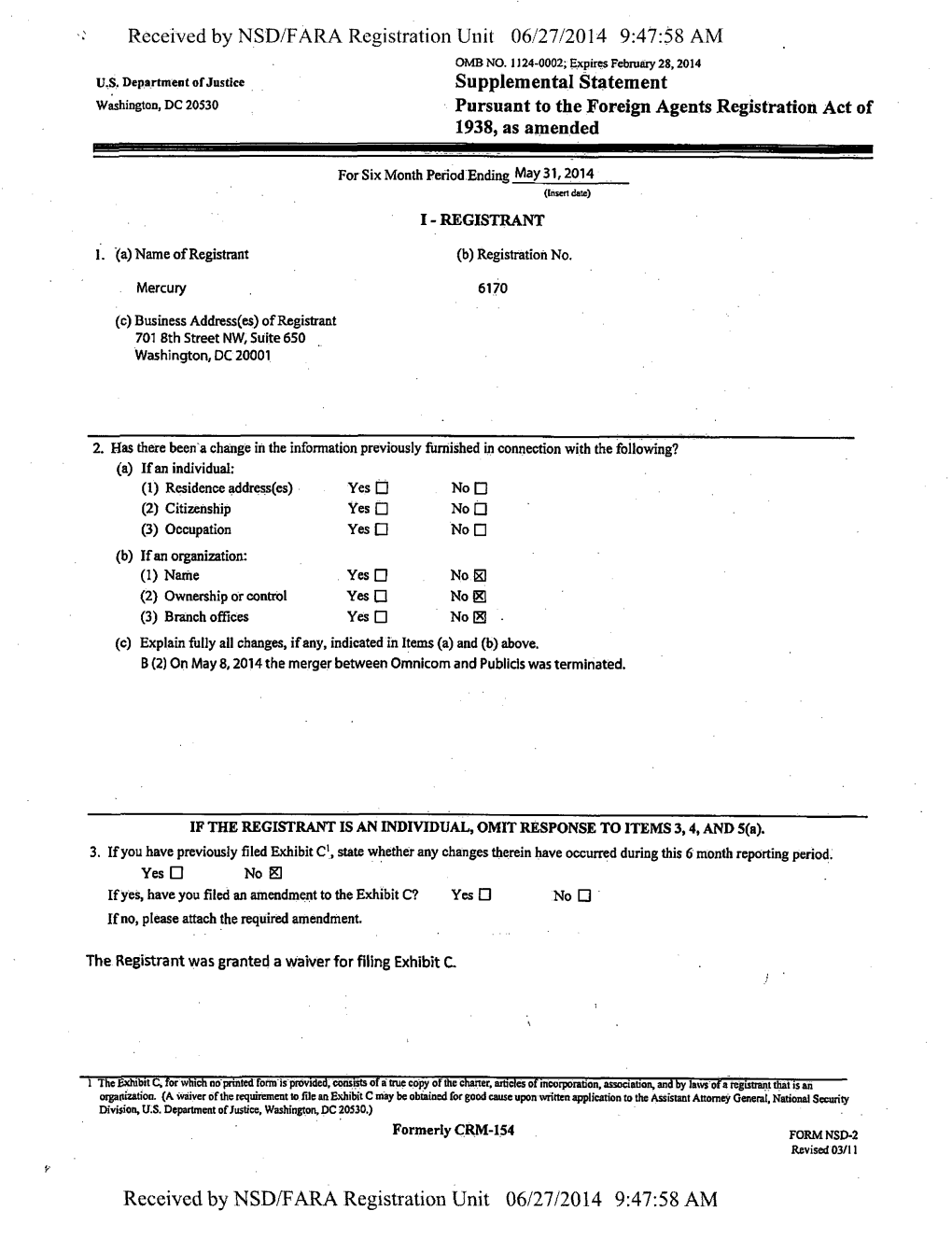 Supplemental Statement Washington, DC 20530 Pursuant to the Foreign Agents Registration Act of 1938, As Amended