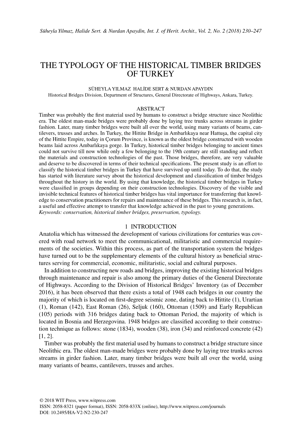 The Typology of the Historical Timber Bridges of Turkey