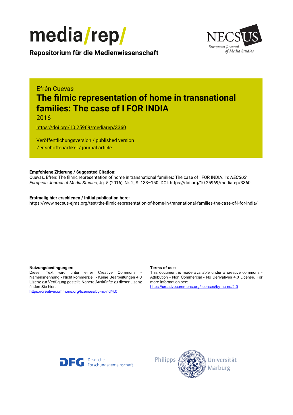 The Filmic Representation of Home in Transnational Families: the Case of I