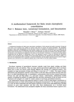A Mathematical Framework for Finite Strain Elastoplastic Consolidation Part 1: Balance Laws, Variational Formulation, and Linearization Ronaldo I