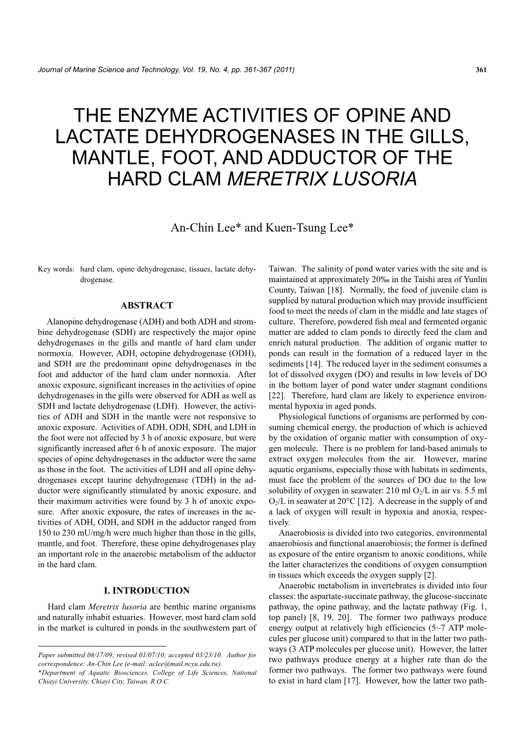 The Enzyme Activities of Opine and Lactate Dehydrogenases in the Gills, Mantle, Foot, and Adductor of the Hard Clam Meretrix Lusoria