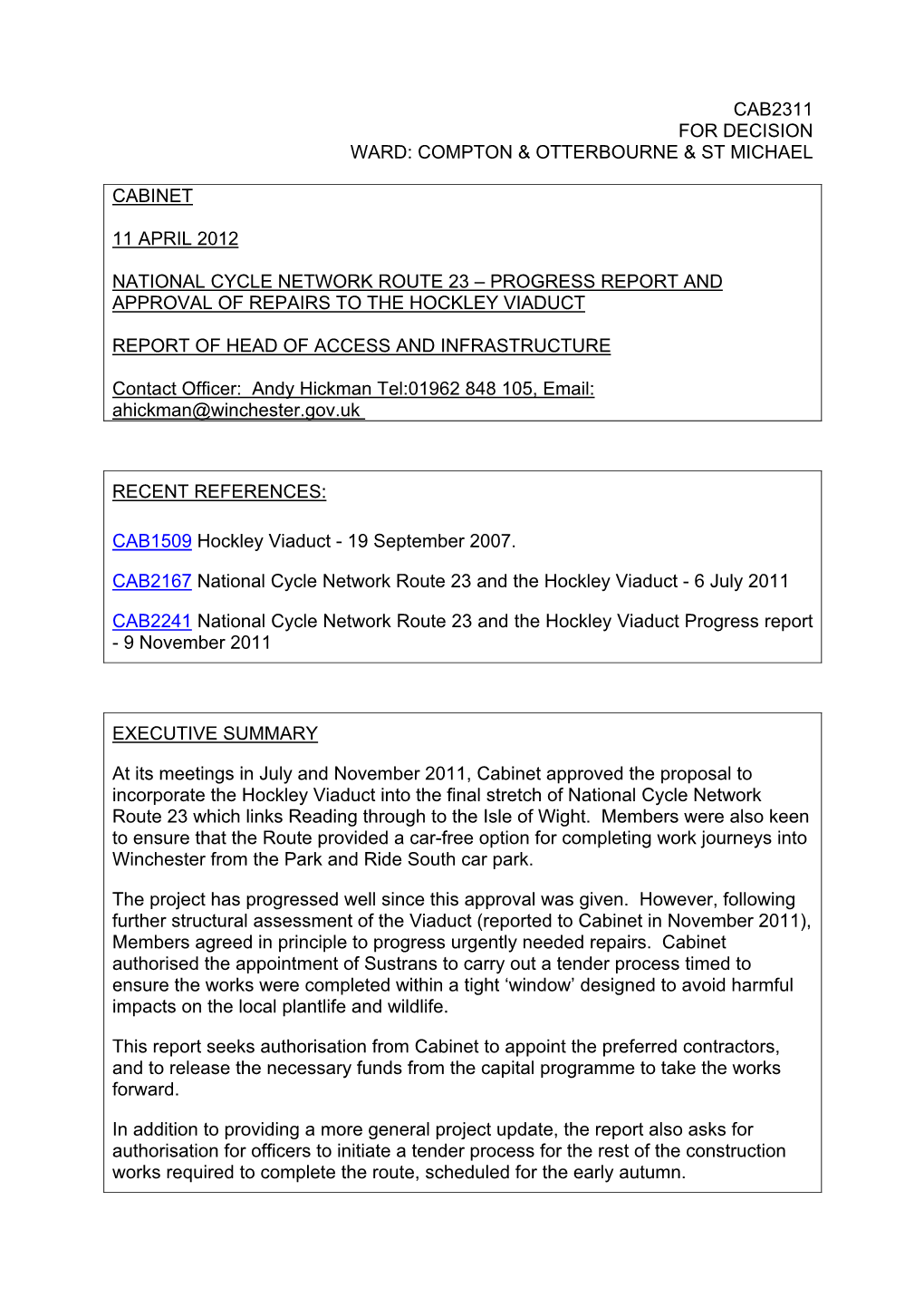Cab2311 for Decision Ward: Compton & Otterbourne & St Michael