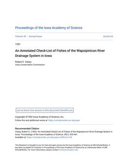 An Annotated Check-List of Fishes of the Wapsipinicon River Drainage System in Iowa