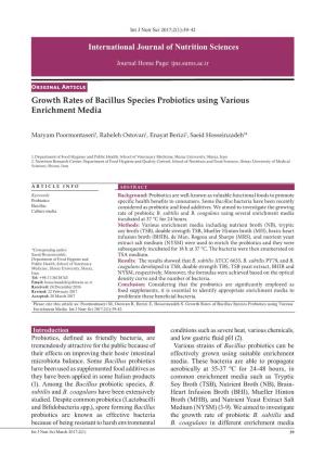 Growth Rates of Bacillus Species Probiotics Using Various Enrichment Media International Journal of Nutrition Sciences