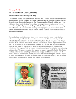February 17, 2021 Dr. Benjamin Nnamdi Azikiwe (1904-1996) Thomas Isidore Noel Sankara (1949-1987) Dr