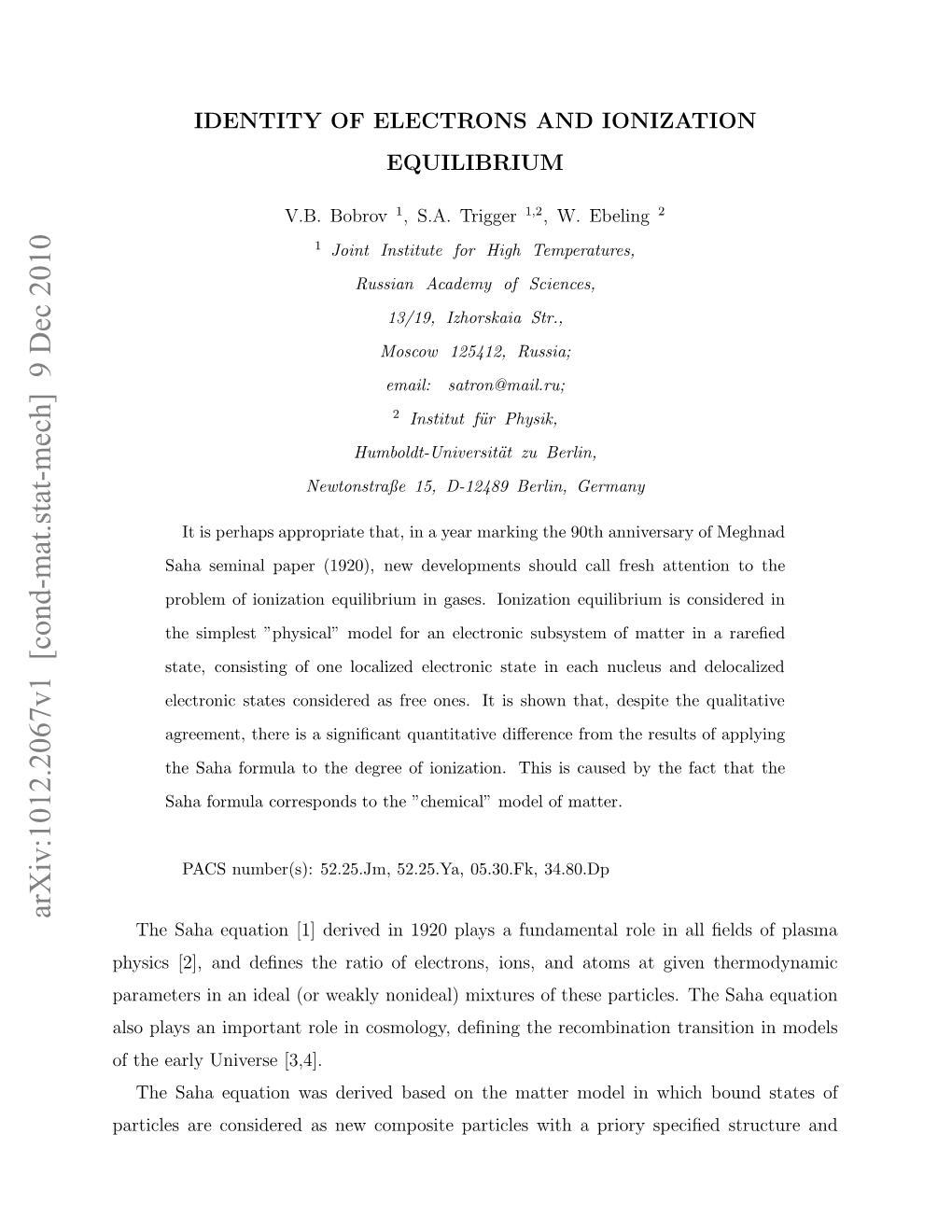 Identity of Electrons and Ionization Equilibrium