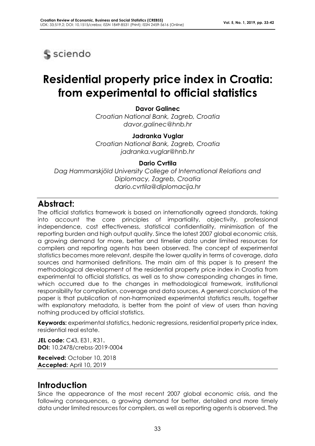 Residential Property Price Index in Croatia: from Experimental to Official Statistics