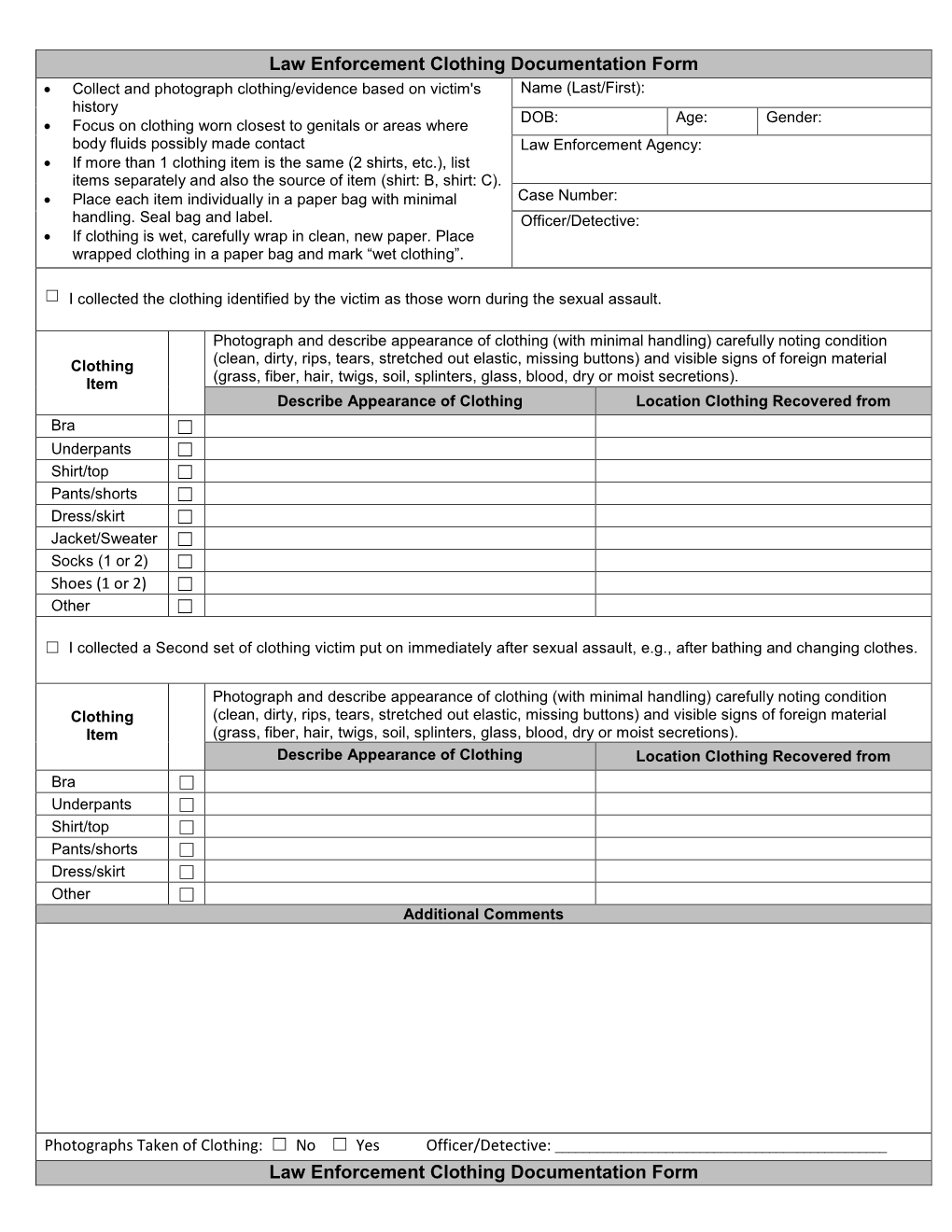 Law Enforcement Clothing Documentation Form