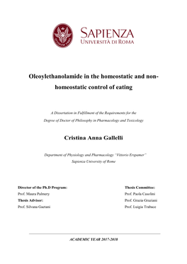 Oleoylethanolamide in the Homeostatic and Non- Homeostatic Control of Eating