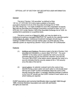 List of Section 13F Securities, First Quarter 2003