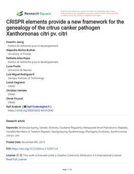 CRISPR Elements Provide a New Framework for the Genealogy of the Citrus Canker Pathogen Xanthomonas Citri Pv