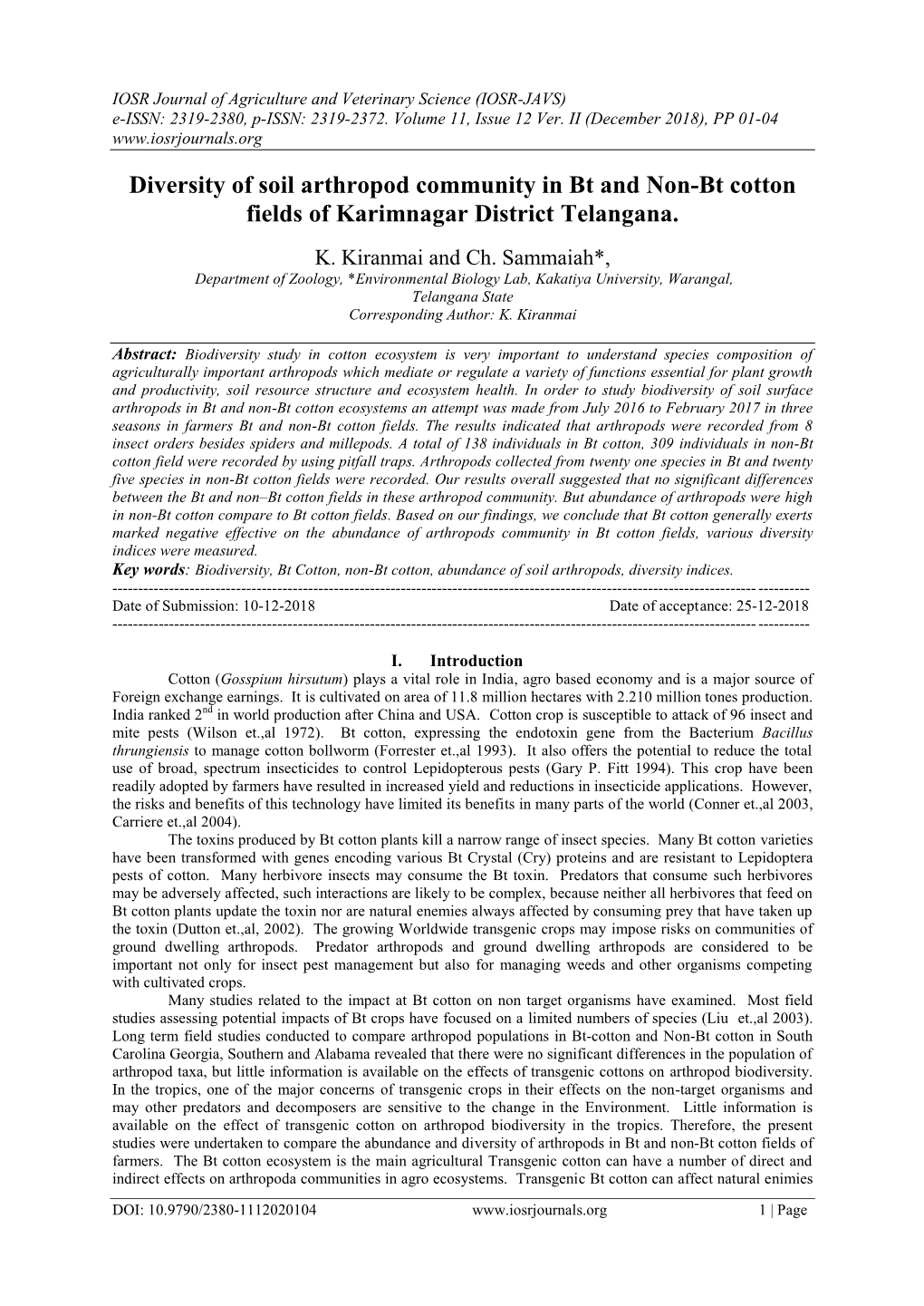 Diversity of Soil Arthropod Community in Bt and Non-Bt Cotton Fields of Karimnagar District Telangana