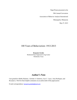 100 Years of Behaviorism: 1913-2013 Author's Note