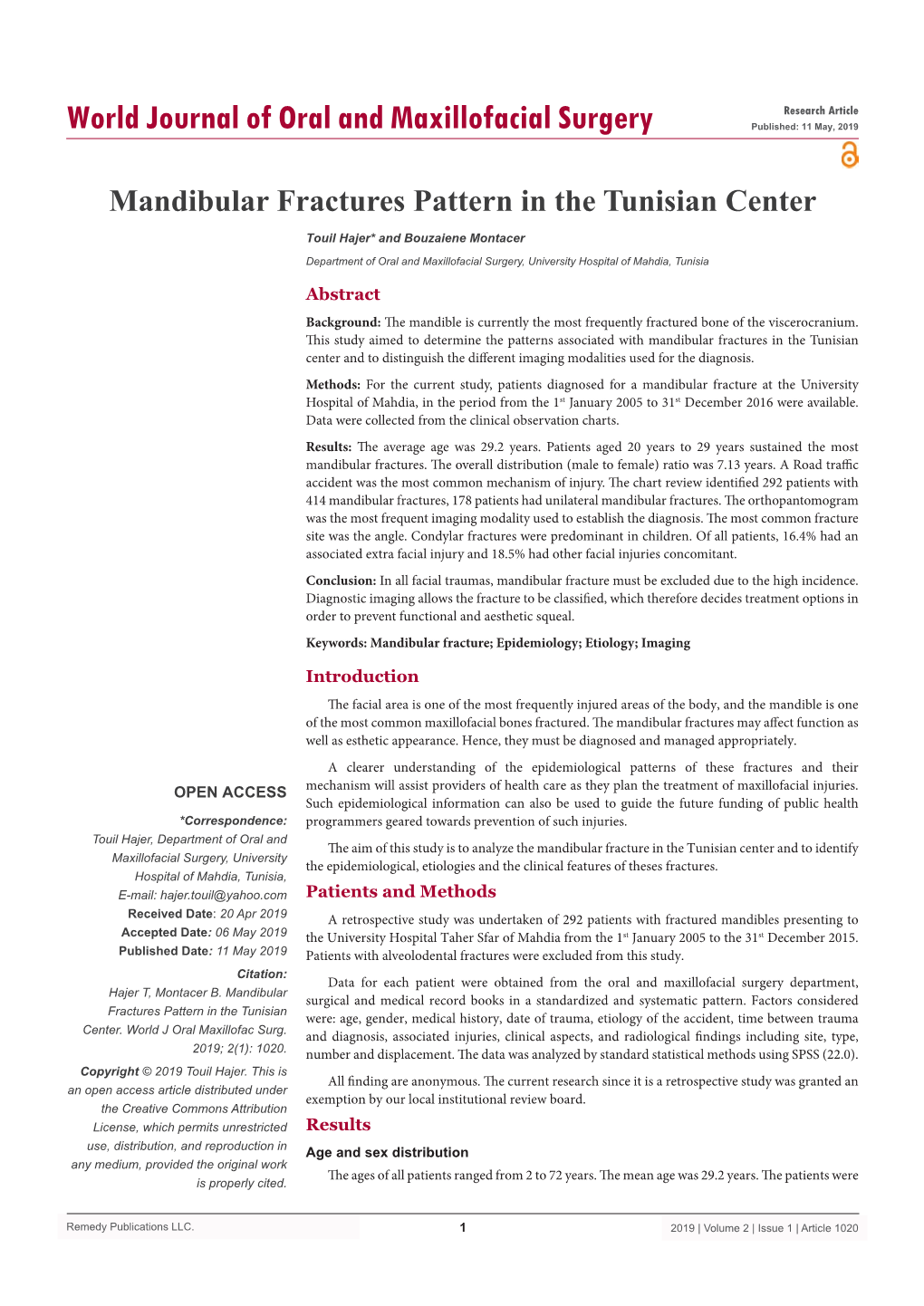 Mandibular Fractures Pattern in the Tunisian Center