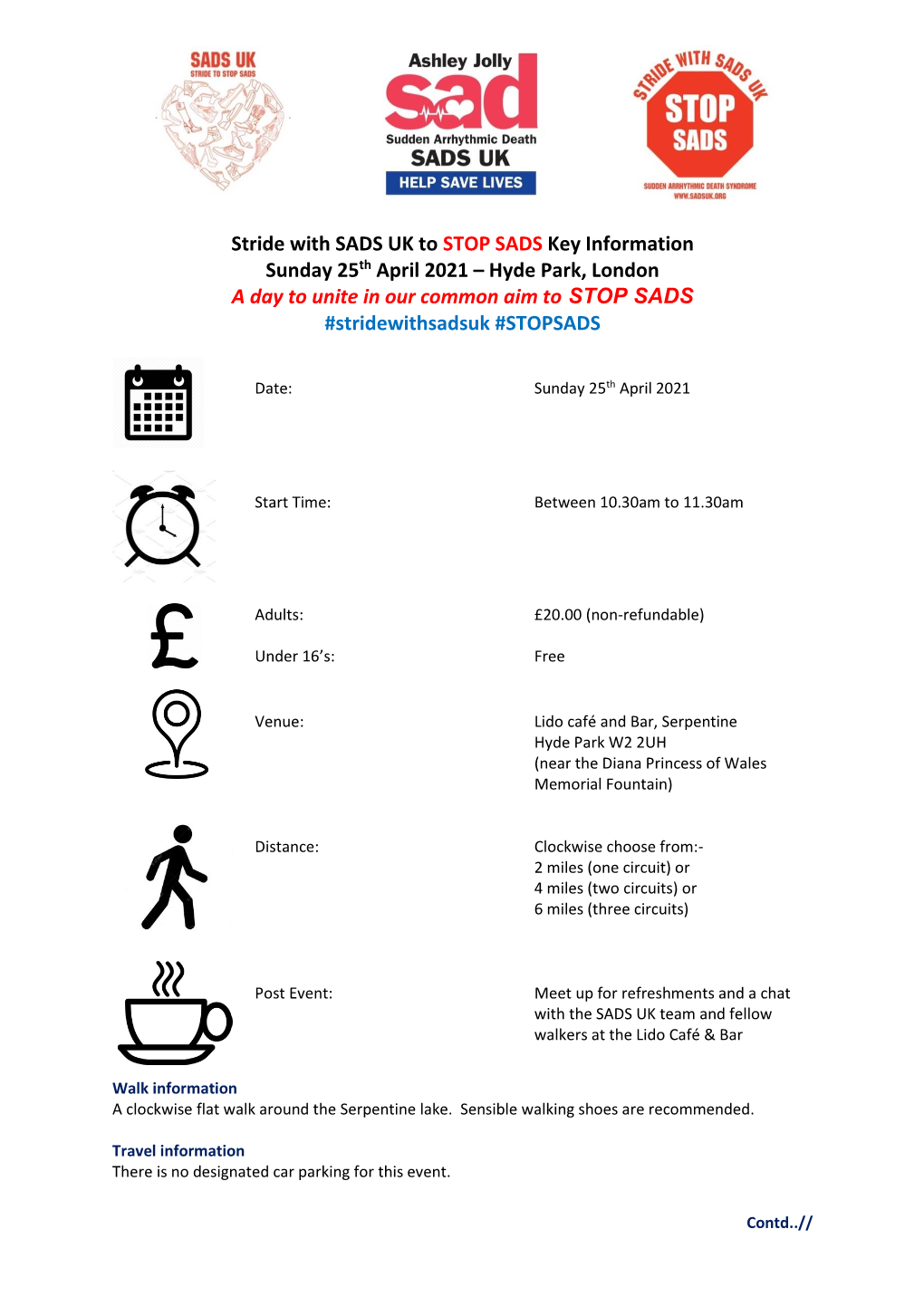 Stride with SADS UK to STOP SADS Key Information Sunday 25Th April 2021 – Hyde Park, London a Day to Unite in Our Common Aim to STOP SADS #Stridewithsadsuk #STOPSADS