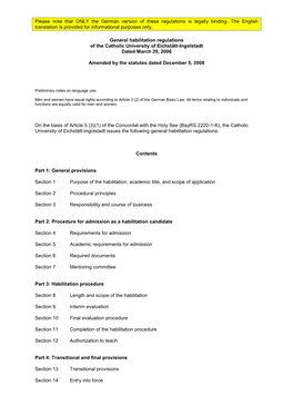 General Habilitation Regulations of the Catholic University of Eichstätt-Ingolstadt Dated March 29, 2006